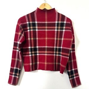 Tahari Red Plaid Mock Neck Cropped Sweater XS Preppy Dark Academia